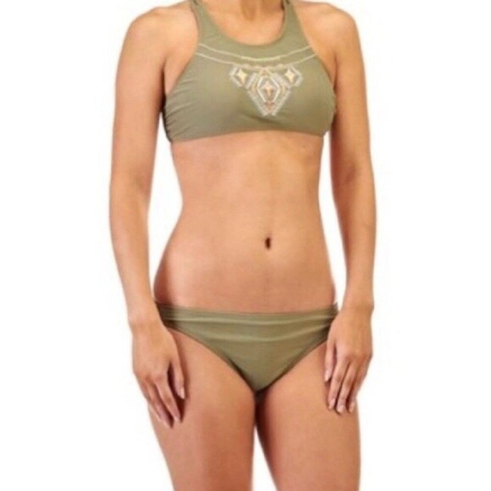 Marilyn Monroe High Neck Boho Embroidered Bikini Set Olive Green Swimsuit M